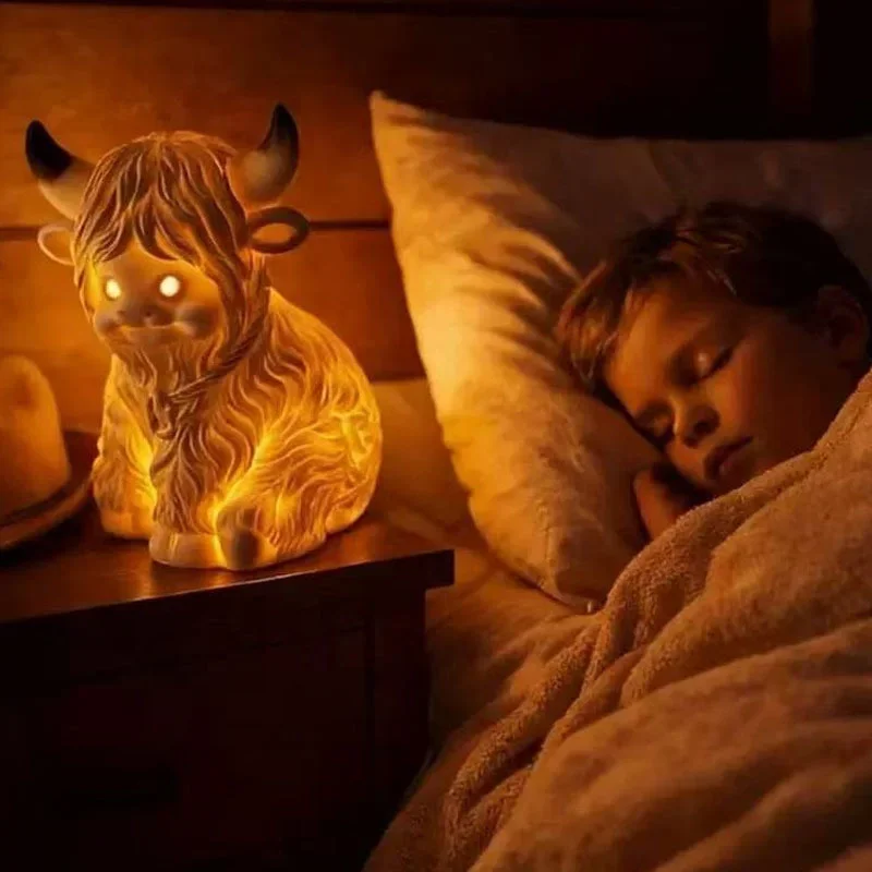 Highland Cattle Table Lamp Resin Night Light Bedside Desk Home Decor Whimsical Rustic Cozy For Animal Lovers Kids Holidays Gift