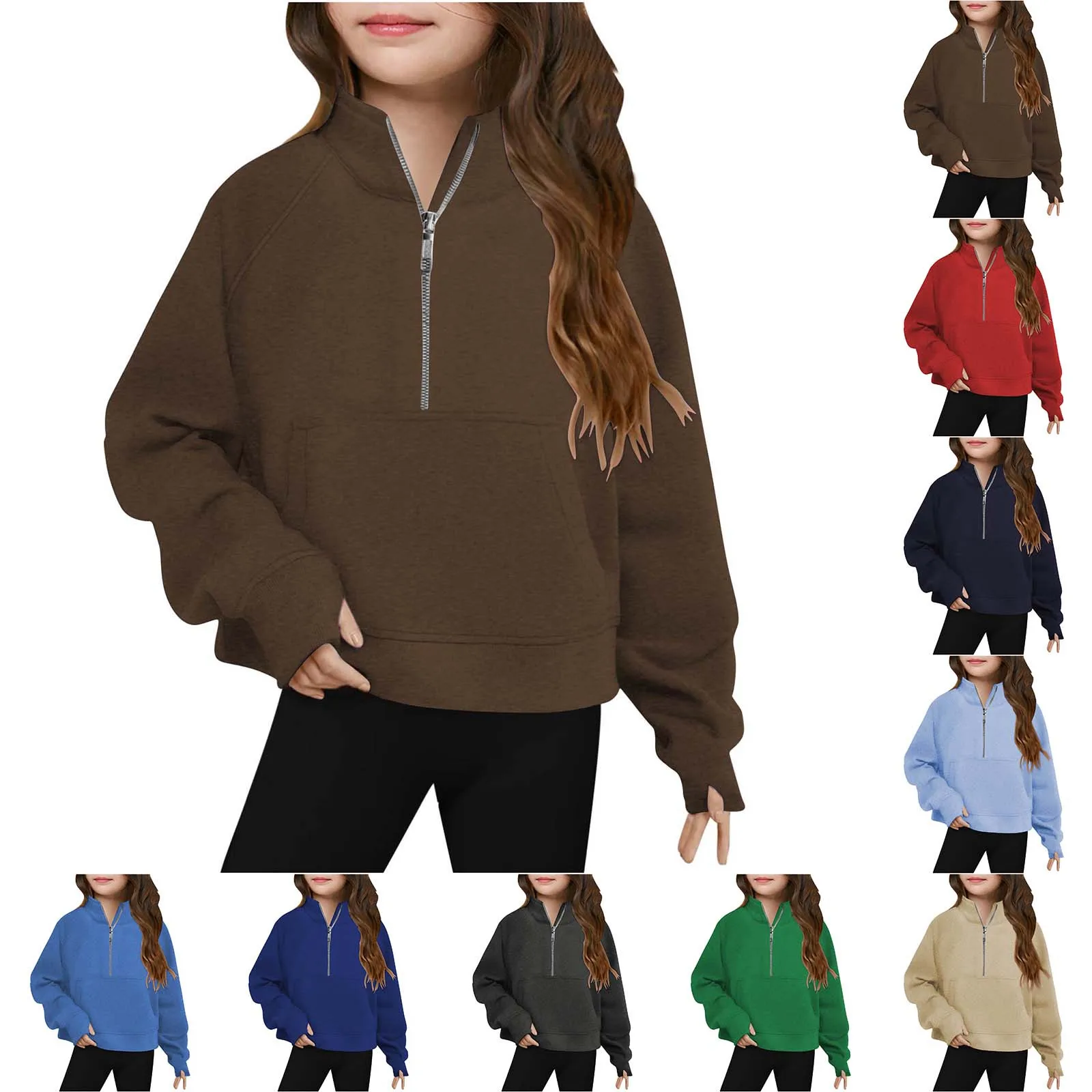 

Autumn Half Zip-Up Cropped Hoodies For Kids Girls Solid Color Loose Fitted Sweatshirts Drop-Shoulder Stand Collar Pullover Tops