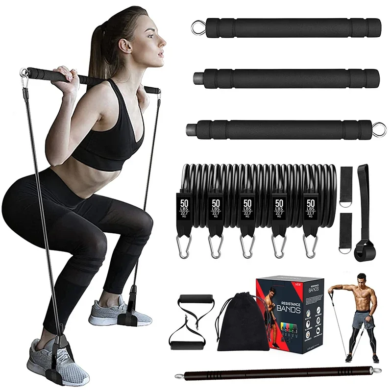 Resistance Bands Set with Workout Bar - Home Gym Fitness Stick Kit for Bodybuilding, Pilates, and Strength Training