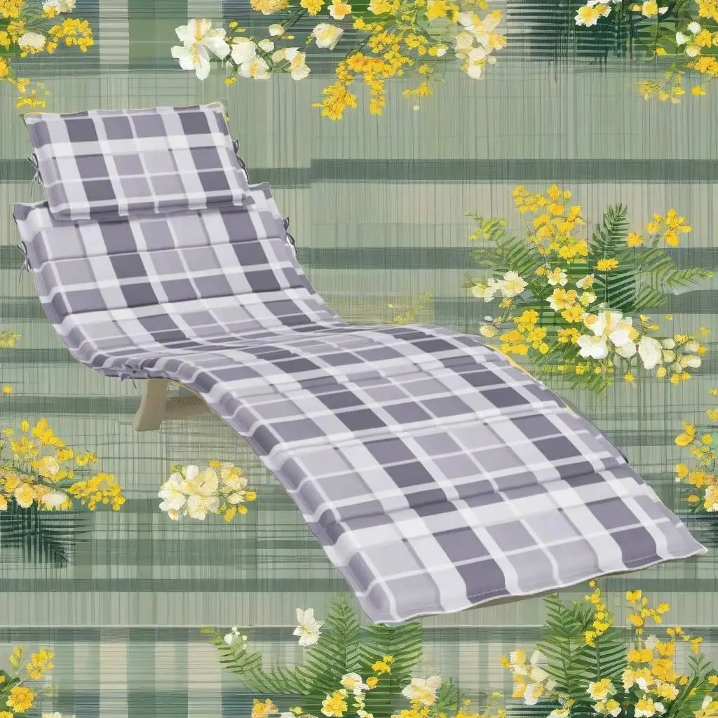 Gray Check Pattern Sun Lounger Cushion 73.2x22.8x1.2 Waterproof Oxford Fabric