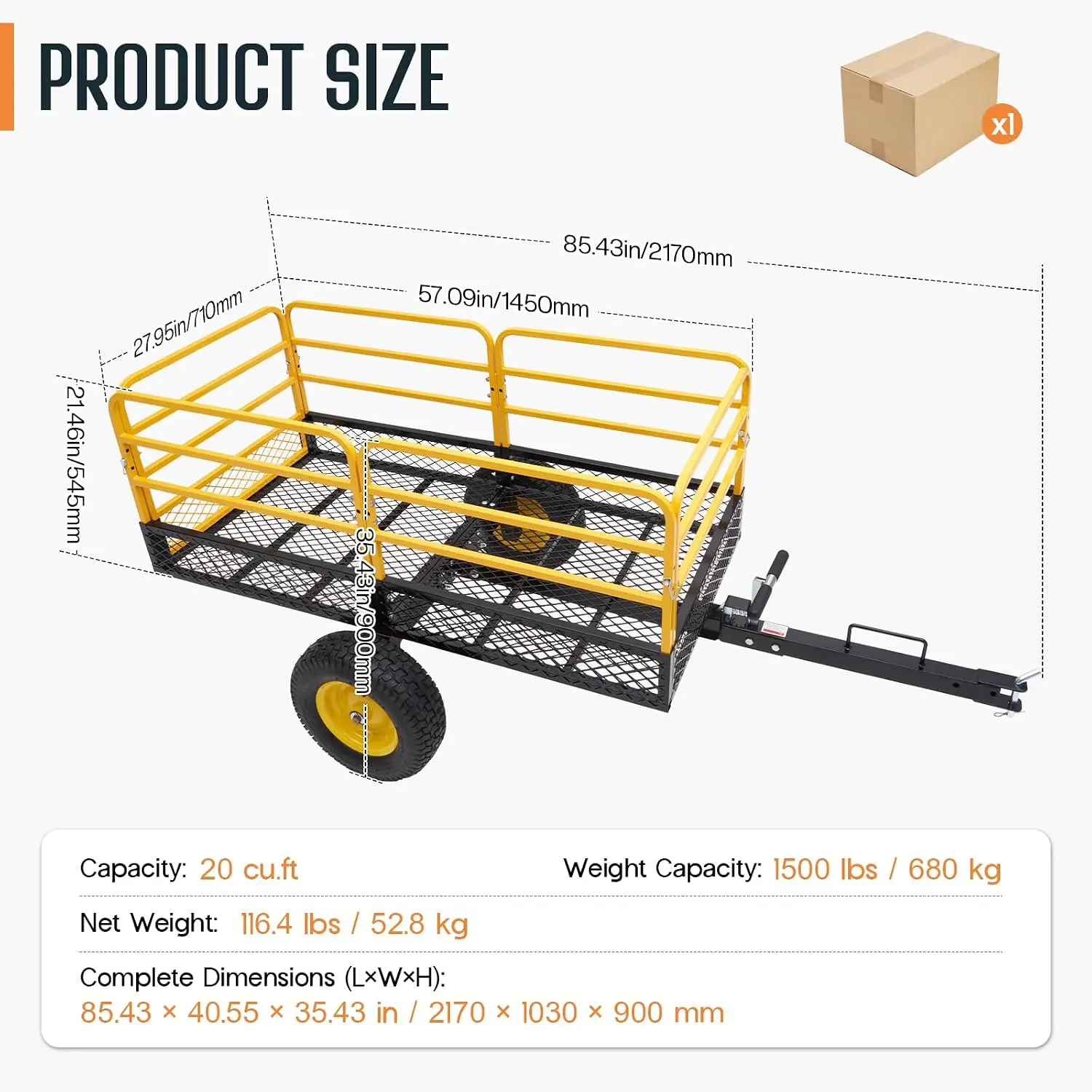 ATV/UTV Tow-Behind Dump Trailer Cart, 20 Cu. Ft. Capacity, 1500 Lbs Load Limit
