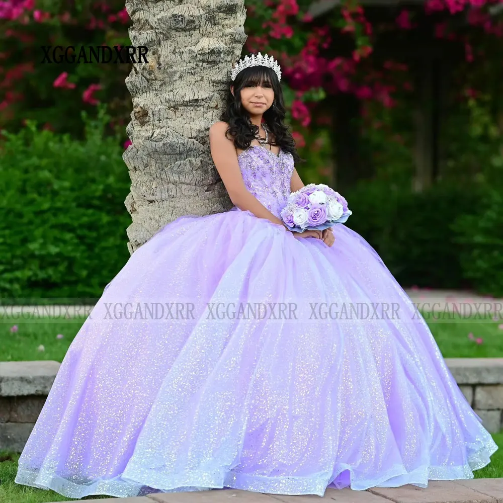 Vestido púrpura claro De Quinceañera XV, brillante, con cuentas, lentejuelas, para 15 Años, cumpleaños, dulce 16, 2024