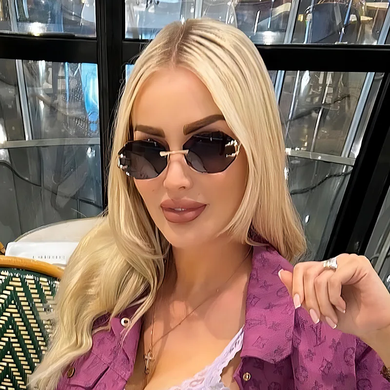 نظارات شمسية سداسية بدون إطار للنساء والرجال موضة الهيب هوب بدون إطار مصممة ظلال حماية من الأشعة فوق البنفسجية نظارات 2024