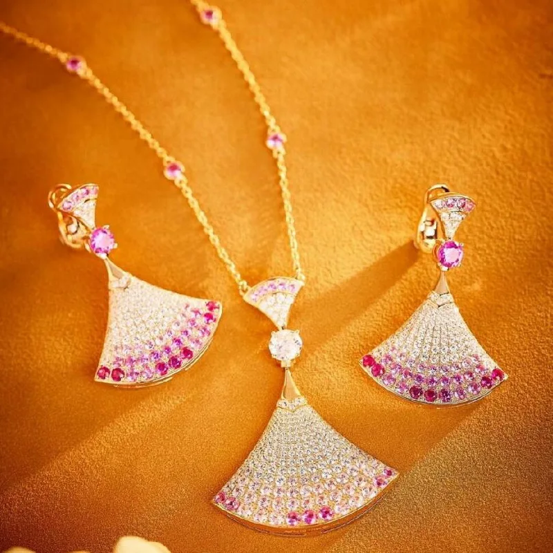 Designer Collection Style Women Jewelry Sets S925 Silver Settings Pink Blue Cubic Zircon Fan-Shaped Pendant Necklace Earrings