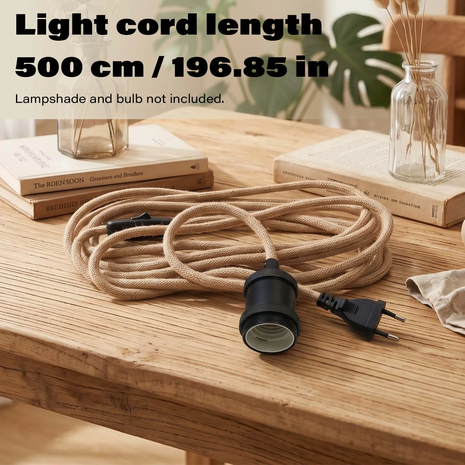 Black Socket Plug-in Pendant Cord with Braided Jute Rope Cable and Inline Switch for Vintage DIY Hanging Lamp