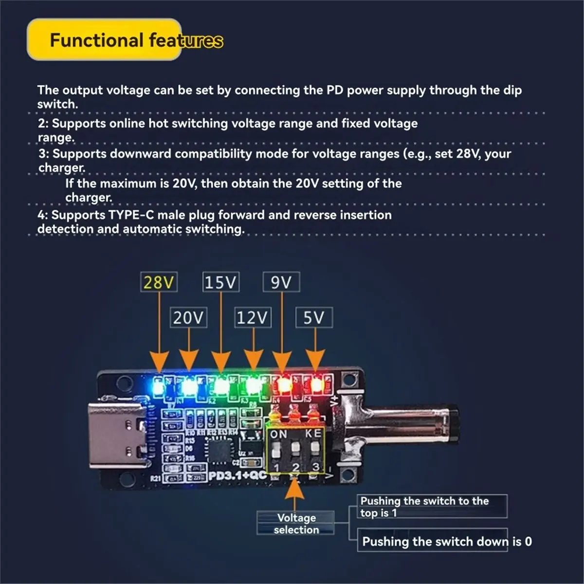 PD3.1 Fast Charging Protocol Trigger Type C Female Socket 20V28V5A Automatic Deception Power Aging Board