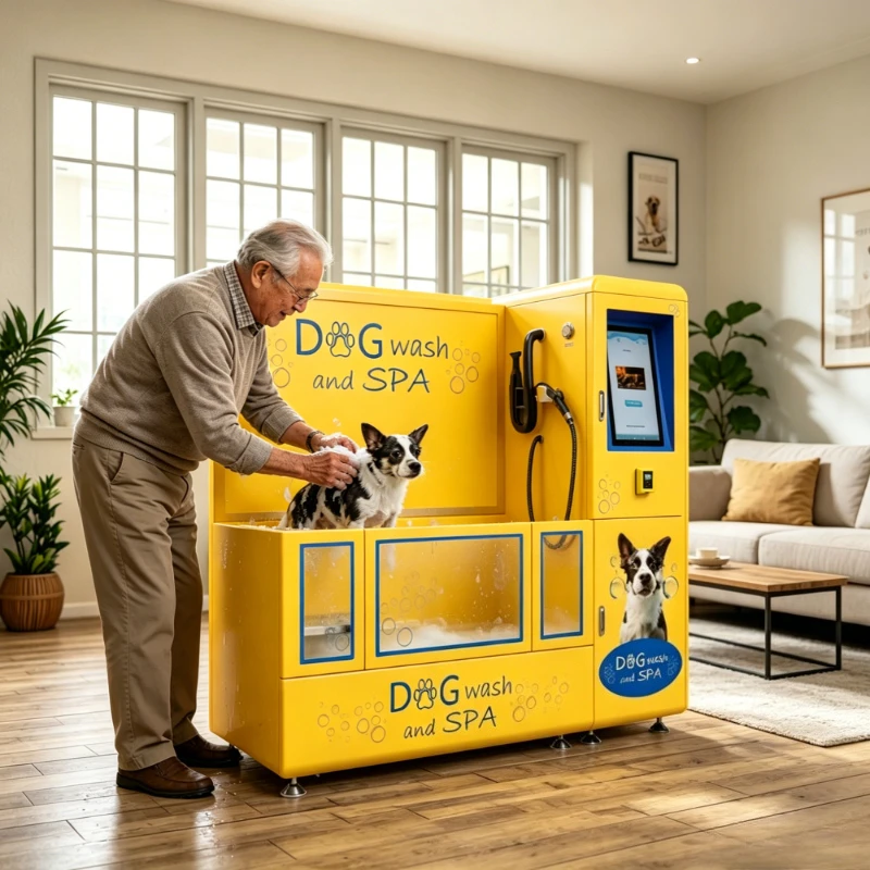 Pet Washer Dryer Vending Unit, Button-Selectable Grooming Cycle, Built-in Water Heating Tank for Self-Care Pet Shop Zone