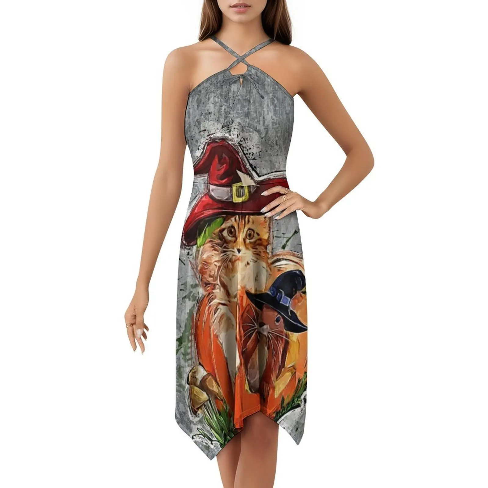 فستان ساحرة صغيرة على شكل قطة وسنجاب في فستان بوهيمي لطيف بدون أكمام للنساء مطبوع عليه فساتين حفلات الشاطئ Mazax Art Cat