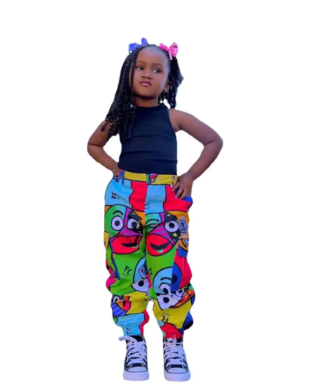 Summer Children\'s Clothes Sets Sleeveless Black Girls T-shirt and Graffiti Pants 2 pieces Baby Clothing Sets For Girl 1-8Years