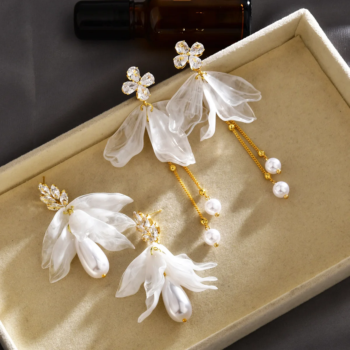 Flower pearl long fringed earrings inlaid with zirconium magnolia stud earrings temperament earrings women