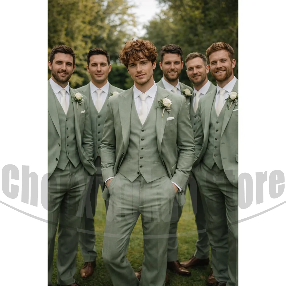 Sage Green 3 Piece Men Suit Slim Fit Blazer Vest Pants Fashion Wedding Groom Groomsmen Garden Party Formal Summer Male Tuxedo