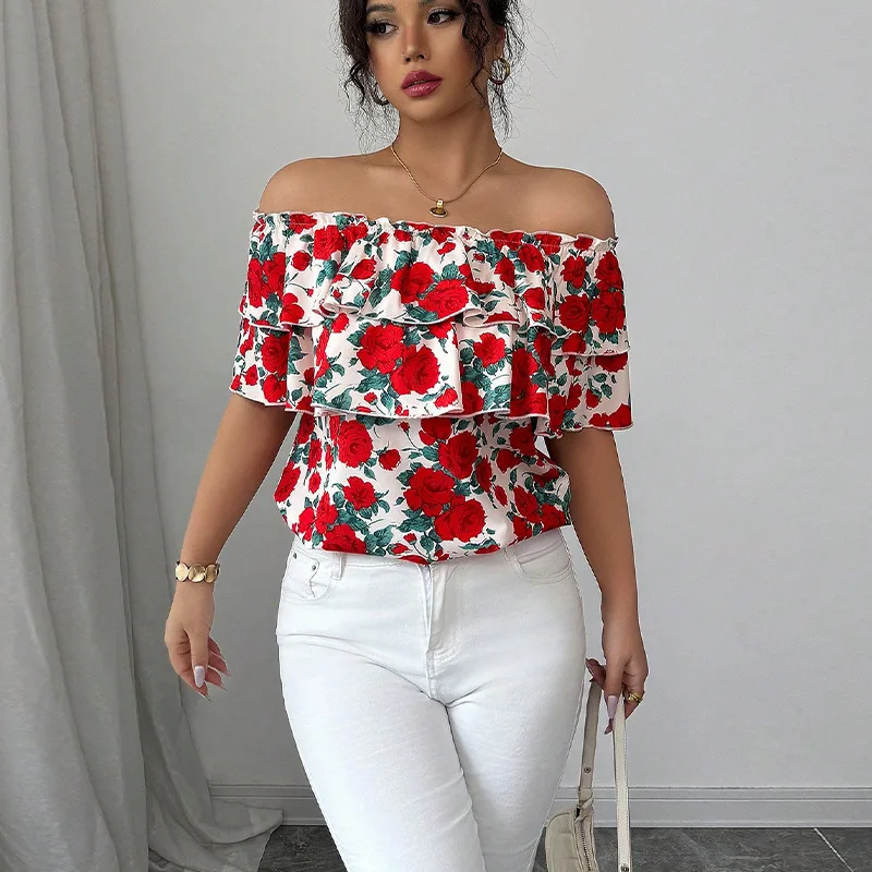 

2025 Summer Euro-American Holiday Style Off-the-Shoulder Short-Sleeved Blouse with Double-Layer Ruffles for Women