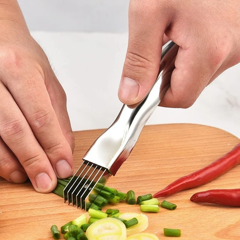 مفرمة طعام سريعة، بصل أخضر، سكين بصل أخضر مفروم من الفولاذ المقاوم للصدأ، سكين حرير أجاد المطبخ، تصميم مقبض منحني #3