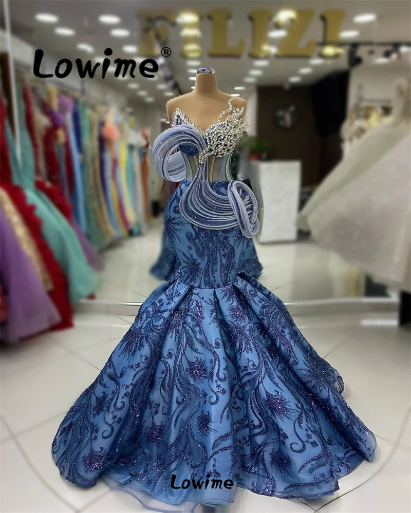 Glitter Floral Blue Evening Dress Mermaid Long Celebrity Dresses 2024 Mermaid Beaded Luxury Prom Dresses Gowns For Women Party