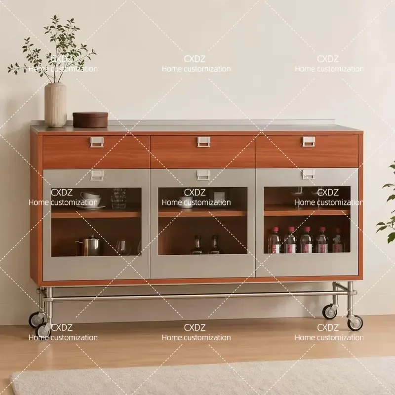 Medieval Stainless Steel Glass Side Cabinet Multi Layer Solid Wood Living Room Mobile Bar Counter Office Tea Storage Locker