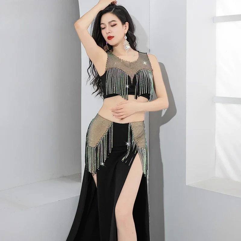

Женский наряд для восточного танца, тренировочный костюм для танца живота, эластичный сетчатый топ телесного цвета, длинная юбка с рюшами и бахромой Shimmy