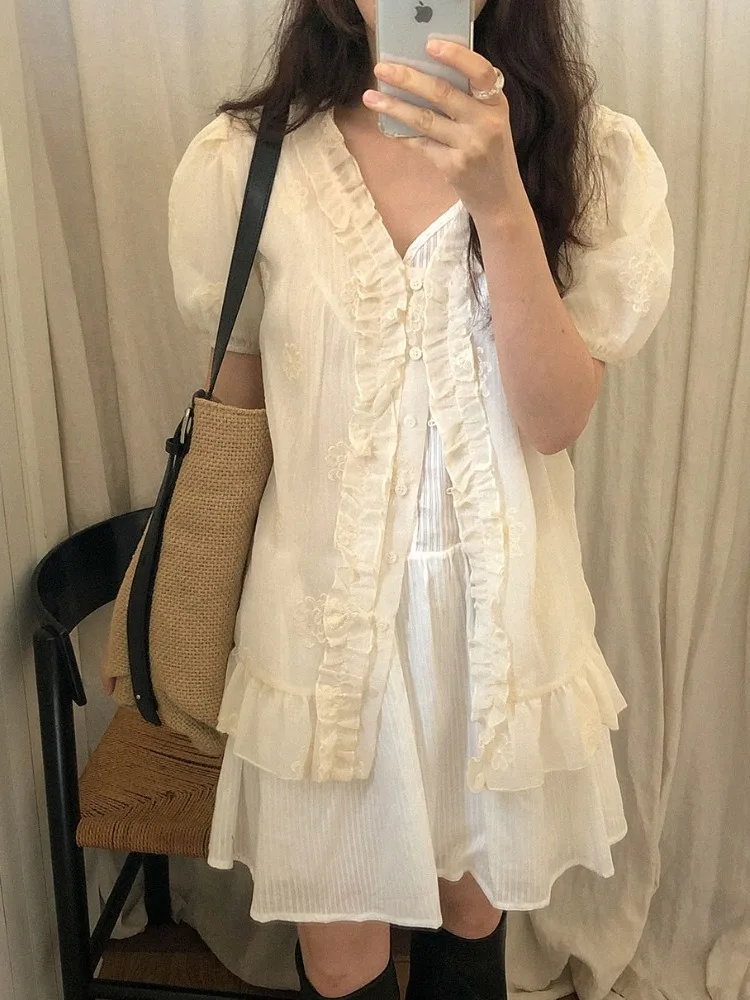 Chic Embroidered Light Weight Summer Shirt Women's Single Button Bubble Sleeve Floral Print Korean Style Loose Fit Polyester ...