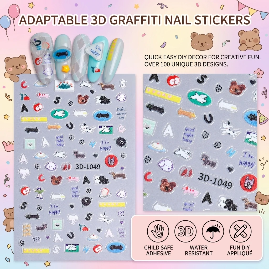 Cartoon-Nagelkunst-Aufkleber, niedlicher Welpe, Bär, Schleife, Regenbogen-Design, koreanische süße bunte Aufkleber, Maniküre, Nagel-Dekorationsaufkleber