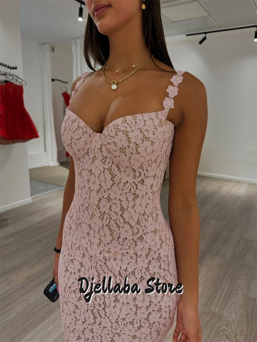 

Luxurious Pink Mermaid Evening Dresses Straps Prom Gowns Customized Sleeveless Lace Party فساتين سهرة