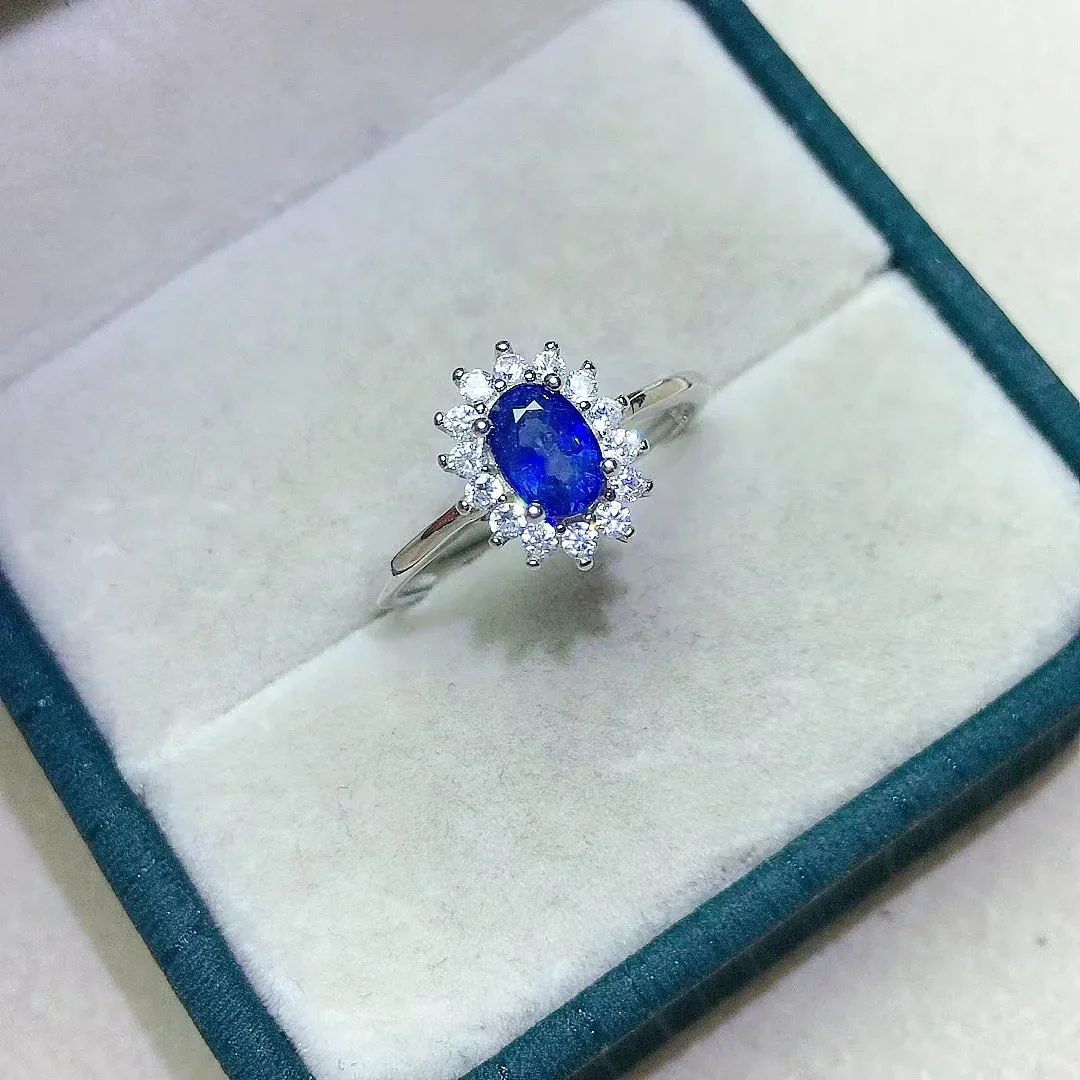 Classic 925 Silver Sapphire Wedding Ring for Woman 18K White Gold Plating 4mm*6mm 0.5ct Natural Sapphire Engagement Ring