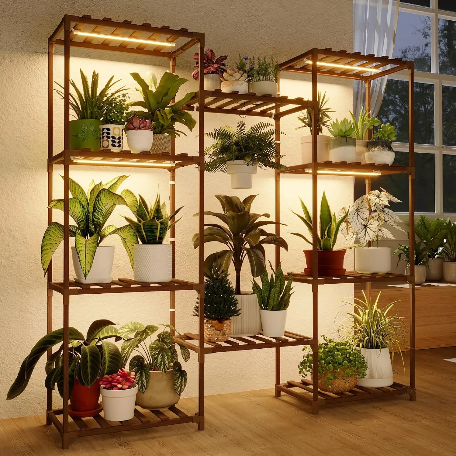 

Large Plant Shelf with Grow Lights for Multiple Pots, Indoor Outdoor Decor, Warm Light for Gardening