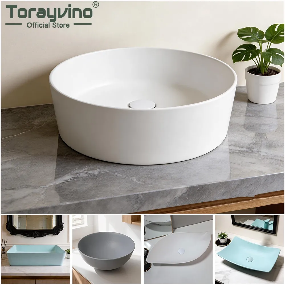 Torayvino Bathroom Sink Artificial Stone Multiple Style Modern Round Vessel Sink Bath Basin Countertop Wash Basin w/ Drain Combo