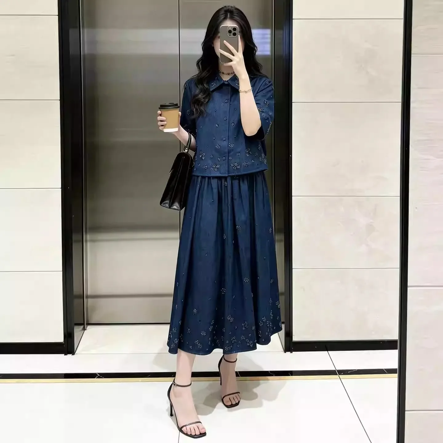 Vestido Vaquero de Color Sólido con Decoración de Diamantes para Mujer + Tops + Falda Midi Primavera Nuevo 2026
