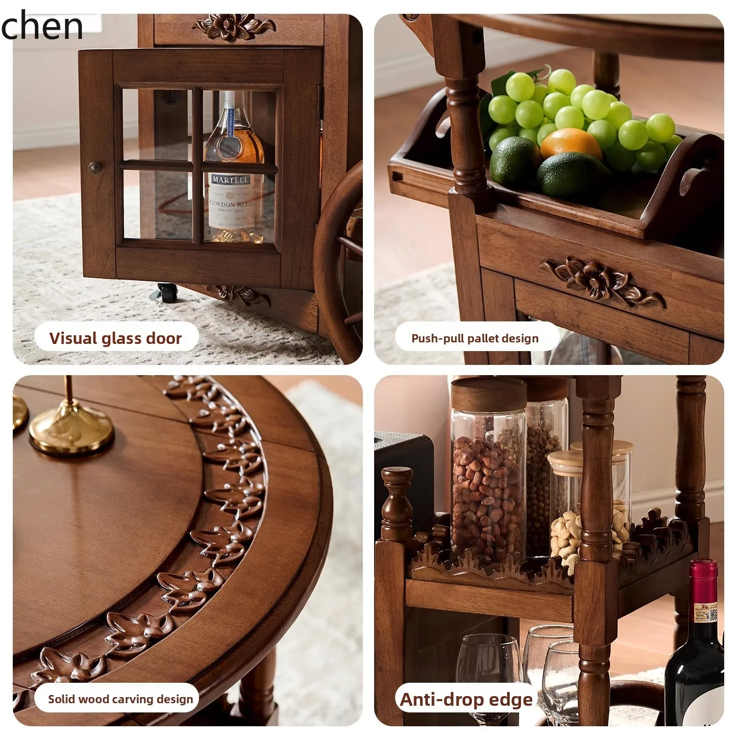 YFY  Solid Wood Dining Cart Vintage Style Movable Small Tea Table Living Room Side Table Small Trolley Table Board Foldable