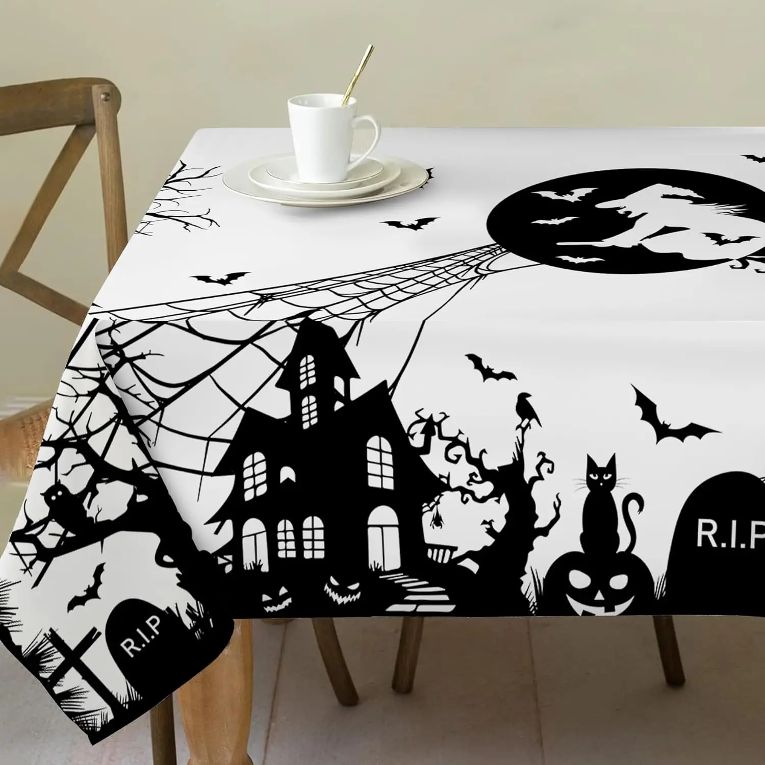 Halloween Witch Castle and Jacks Lantern Rectangle Tablecloth Dining Room Decor Waterproof Tablecloth Halloween Decorations