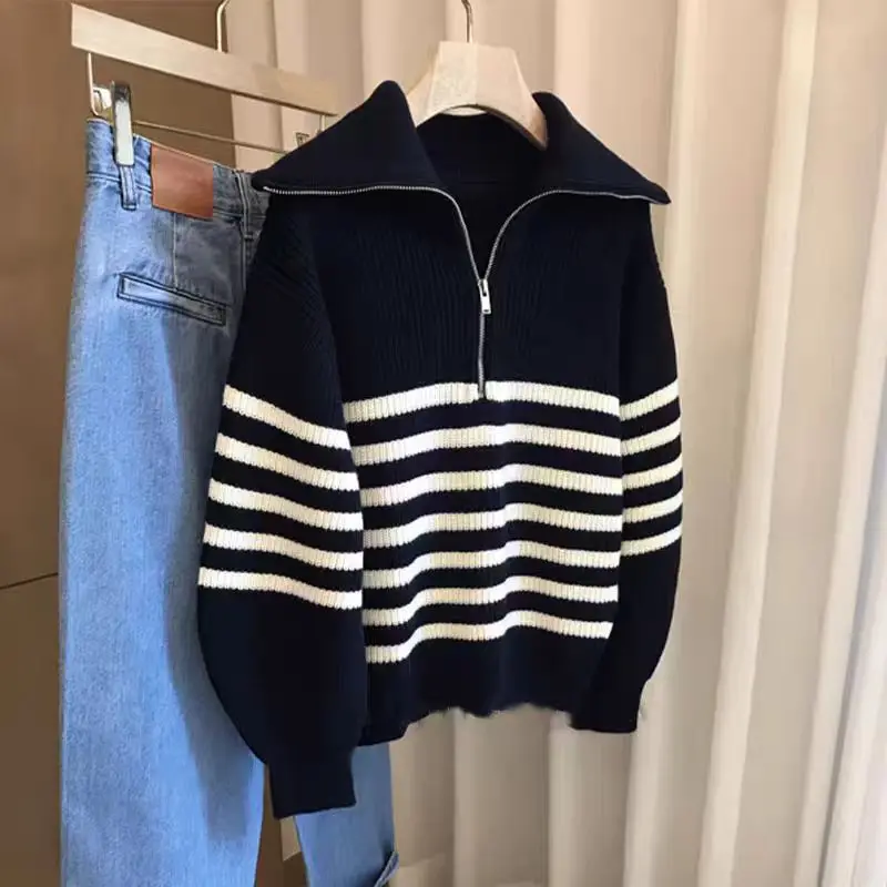 HELIAR Women Striped Loose Knit Sweater Casual Long Sleeve Zipper Polo Collar Sweaters Thickened Warm Pullovers Autumn Winter