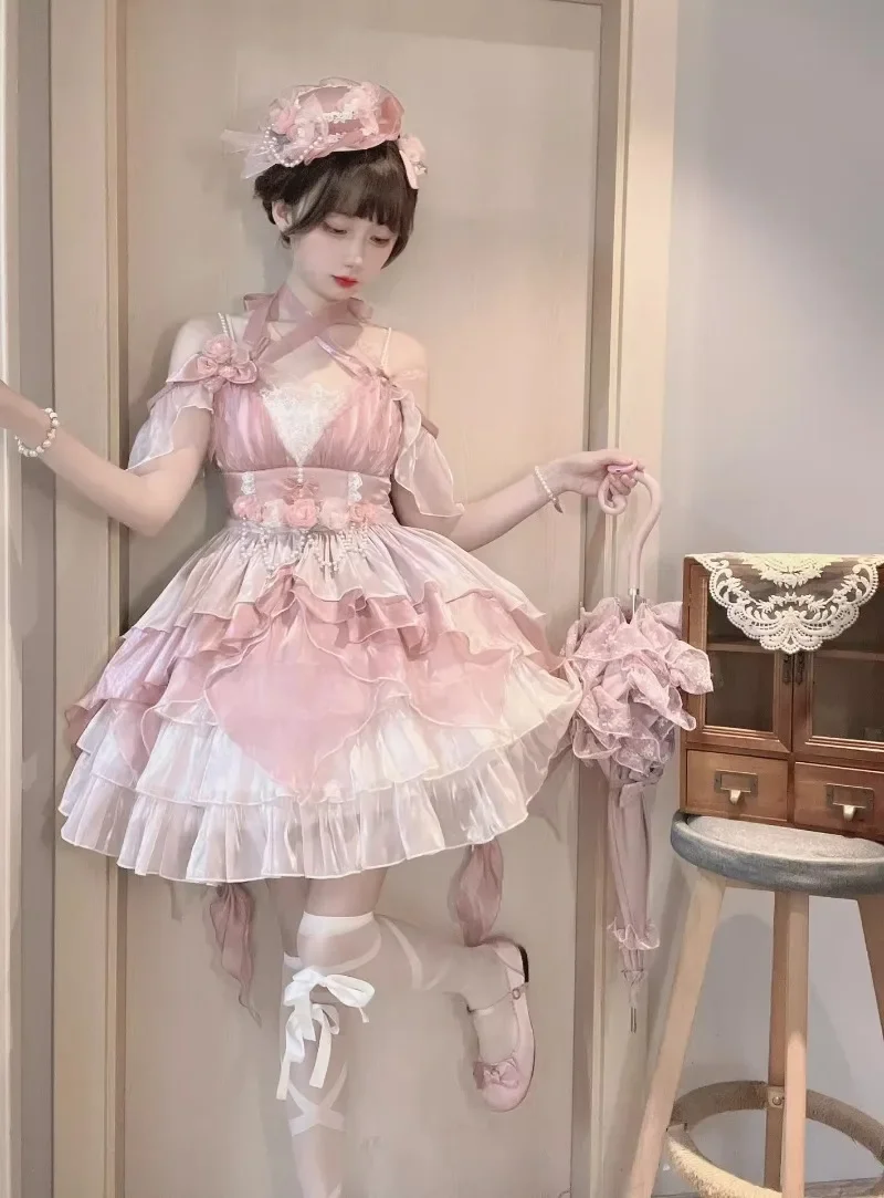 Primavera e verão rosa flor casamento lolita vestido lindo elegante tubo superior uma linha cintura fina vestido em camadas para mulher