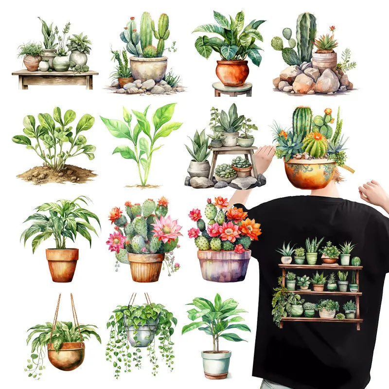 Autocollants thermiques sur vêtements, transfert de chaleur, autocollant fusible, patch personnalisé, plante, plantes en pot, rayures