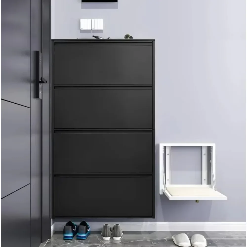 Metal Shoes Cabinet with 4 Flip Drawers, Wall Mount Shoe Organizer for Entryway, 4 Layers Steel Shoe Rack Hidden Shoe Organizer