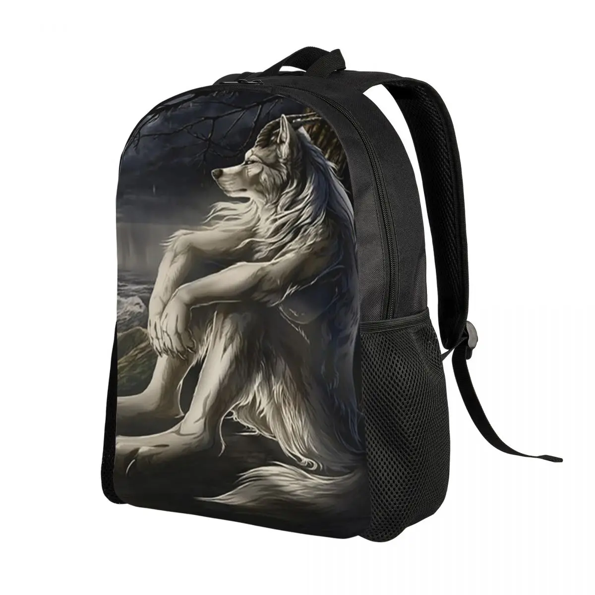 Emo White Wolf Sitting Sad Meme Backpack Daypack Large Capacity Kids BookBag School Bag Shoulder Bags for Men Women