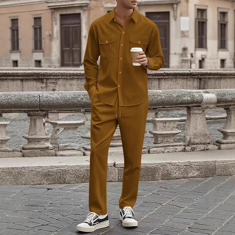 

New 2025 Men's Corduroy Casual Set Long Sleeve Shirt And Long Pants Two-Piece Workwear Style Clothing Youth Four Seasons