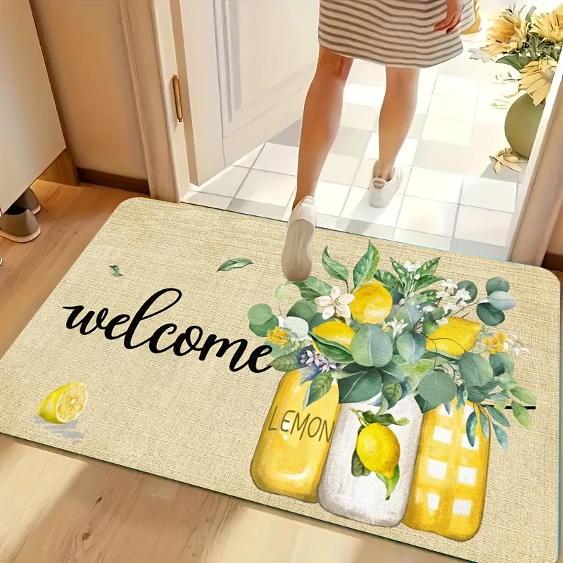 

1-Pack Lemon Pattern Welcome Mat - Features a vibrant lemon and floral pattern, a rustic burlap texture and the word "Welcome"