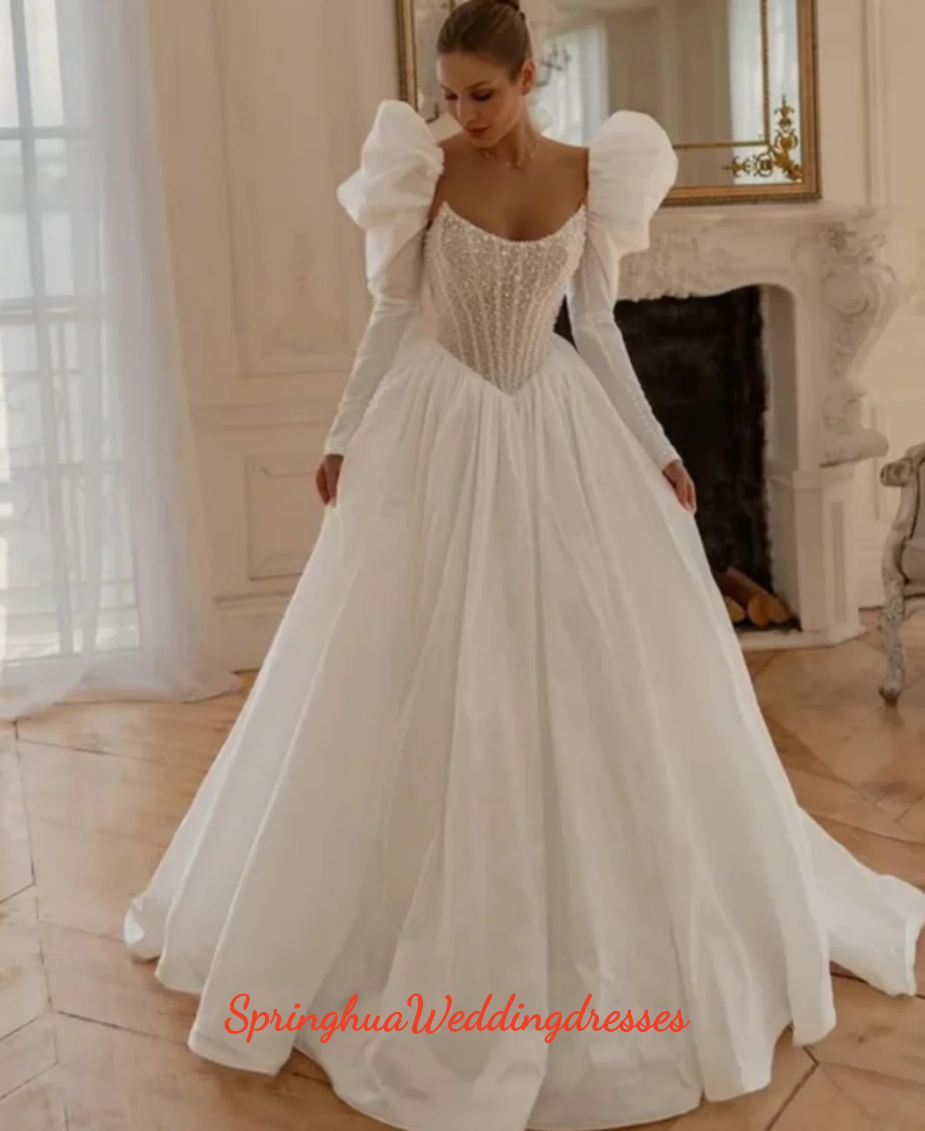 Customized Luxury Pure White Long Puff Sleeves Wedding Dresses Modern A-Line Open Back Square Collar Vestidos Novias