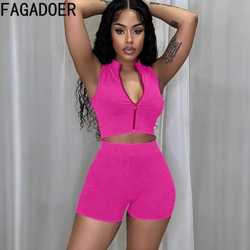 

FAGADOER Casual Solid Sporty Biker Shorts Two Piece Sets Women Zipper Sleeveless Backless Slim Crop Top And Shorts Outfits 2024