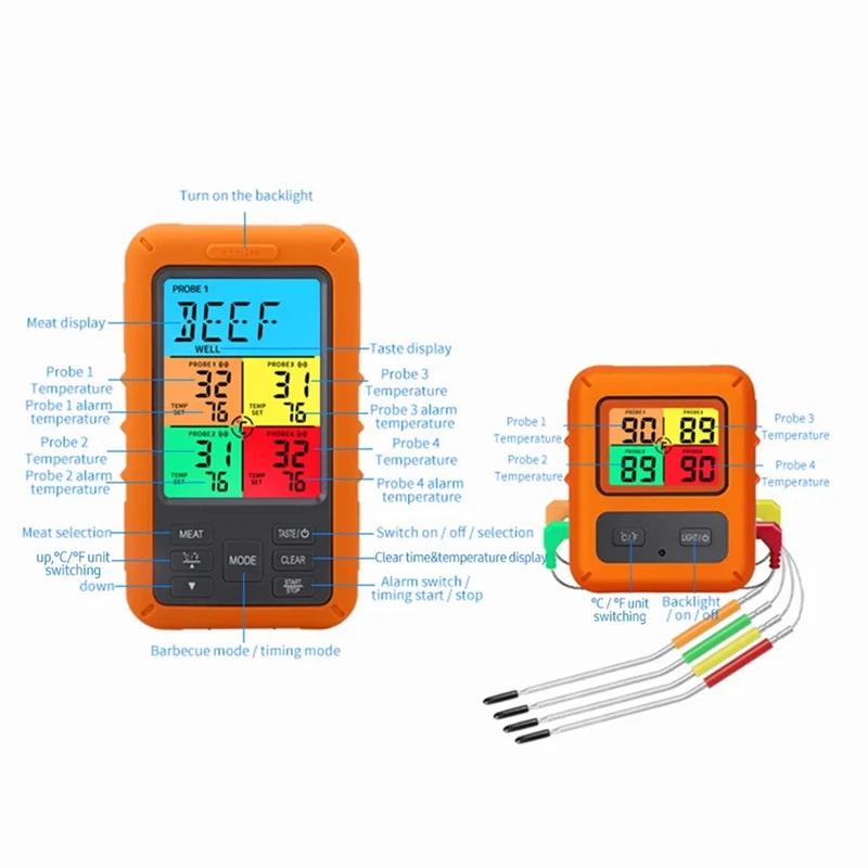 Digitale Barbecue Vlees Thermometer Voor Oven Thermomet Met Timer 4 Sondes Temperatuur Alarm Keuken Thermometer Duurzaam