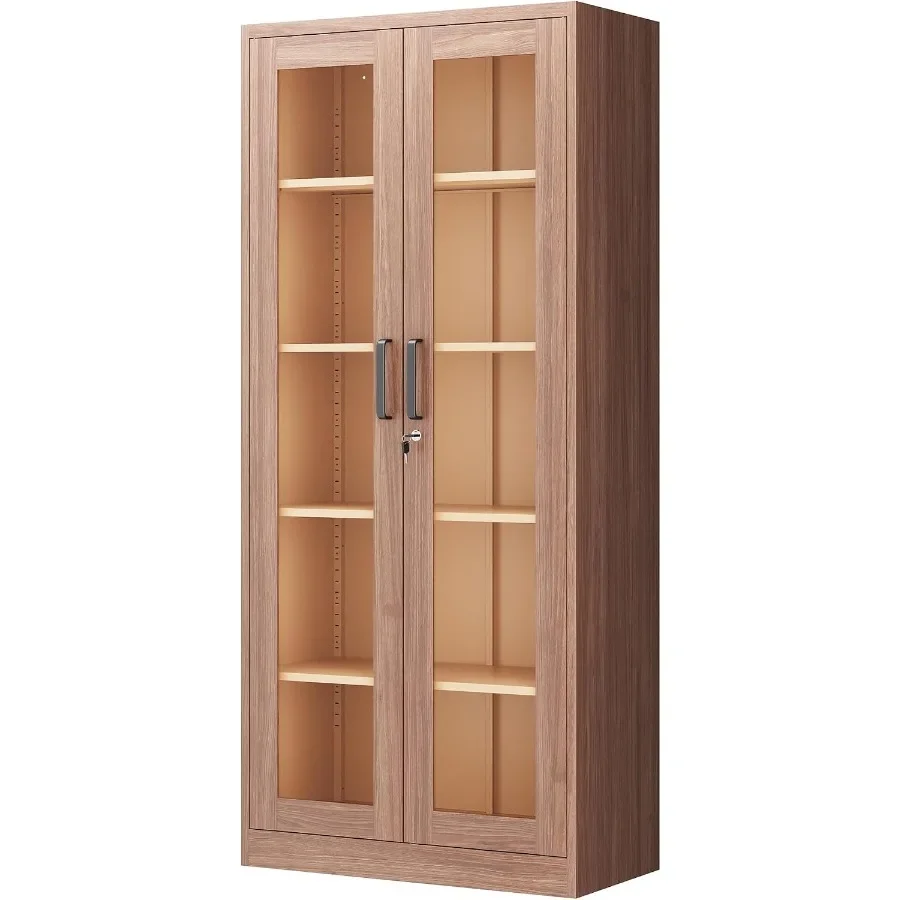 Display Cabinet with Glass Doors for Home, Office, Clinic, Pantry; Metal; Brown; 71 Inches, 4 Adjustable Shelves, Locking Glass