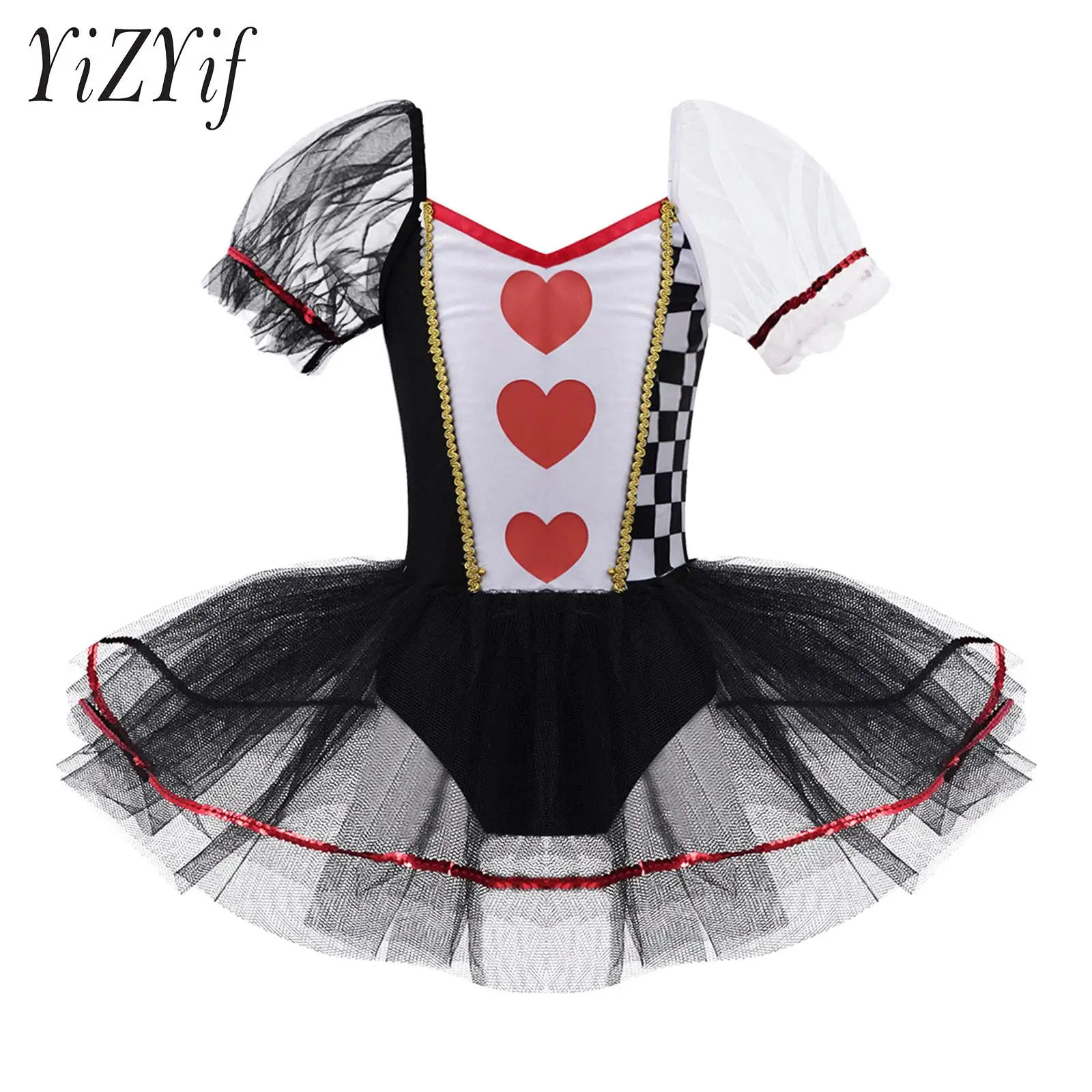 Kid Girls Halloween Costume Short Puff Sleeve Hearts Checkerboard Print Mesh Patchwork Jumpsuit Dress Cosplay Performance Wear