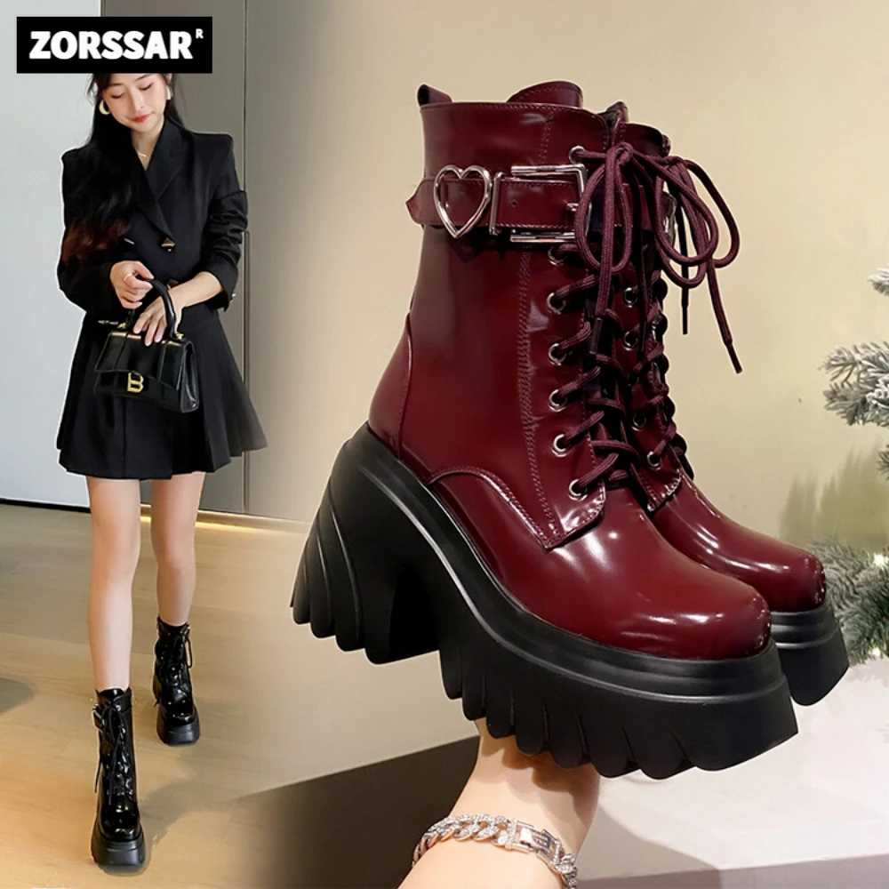 Wine Red Women Motorcycle Boots Platform Chunky Heel Ankle Boots Fashion Buckle Gothic Style Modern Boots High Heels Short Boots