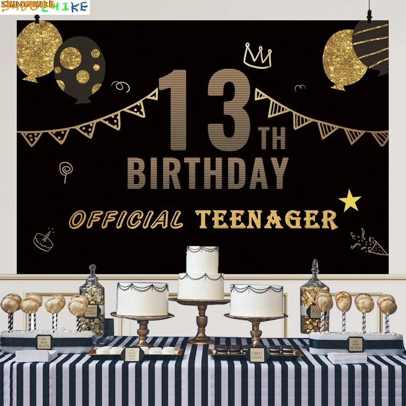 

Black Gold Happy 13th Birthday Photography Backdrops Balloon 13 Years Old Jewish Boy Bar Mitzvah Photo Studio Background DX-01
