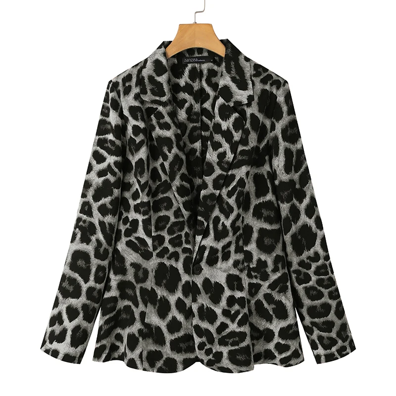ZANZEA Leopard Print Lightweight Blazer for Women Autumn Notched Lapel Long Sleeve with Shoulder Pad Woman Commute Outerwear