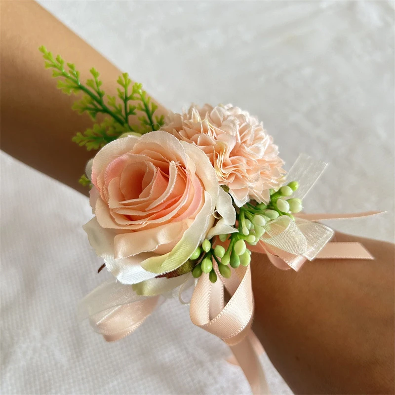 Bride Wrist Corsage Wedding Bridesmaid Hand Flower Silk Artificial Rose Ribbon Bracelet Party Prom Decorative
