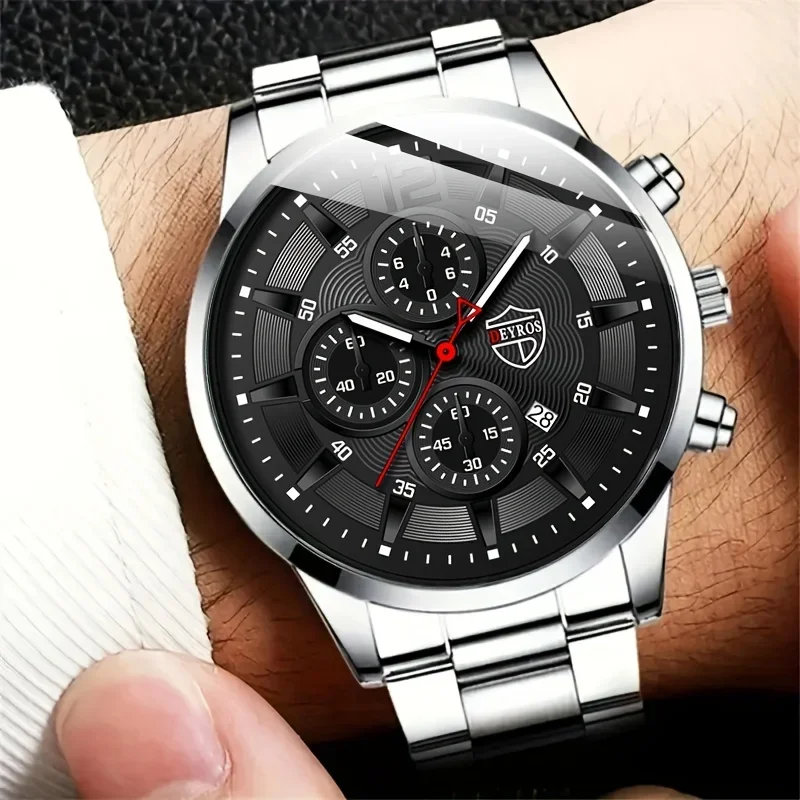 5 unids/set de reloj de moda para hombre, reloj de pulsera de cuarzo, collar de cadena cubana de Hip Hop, pulsera y anillo, accesorios de estilo empresarial