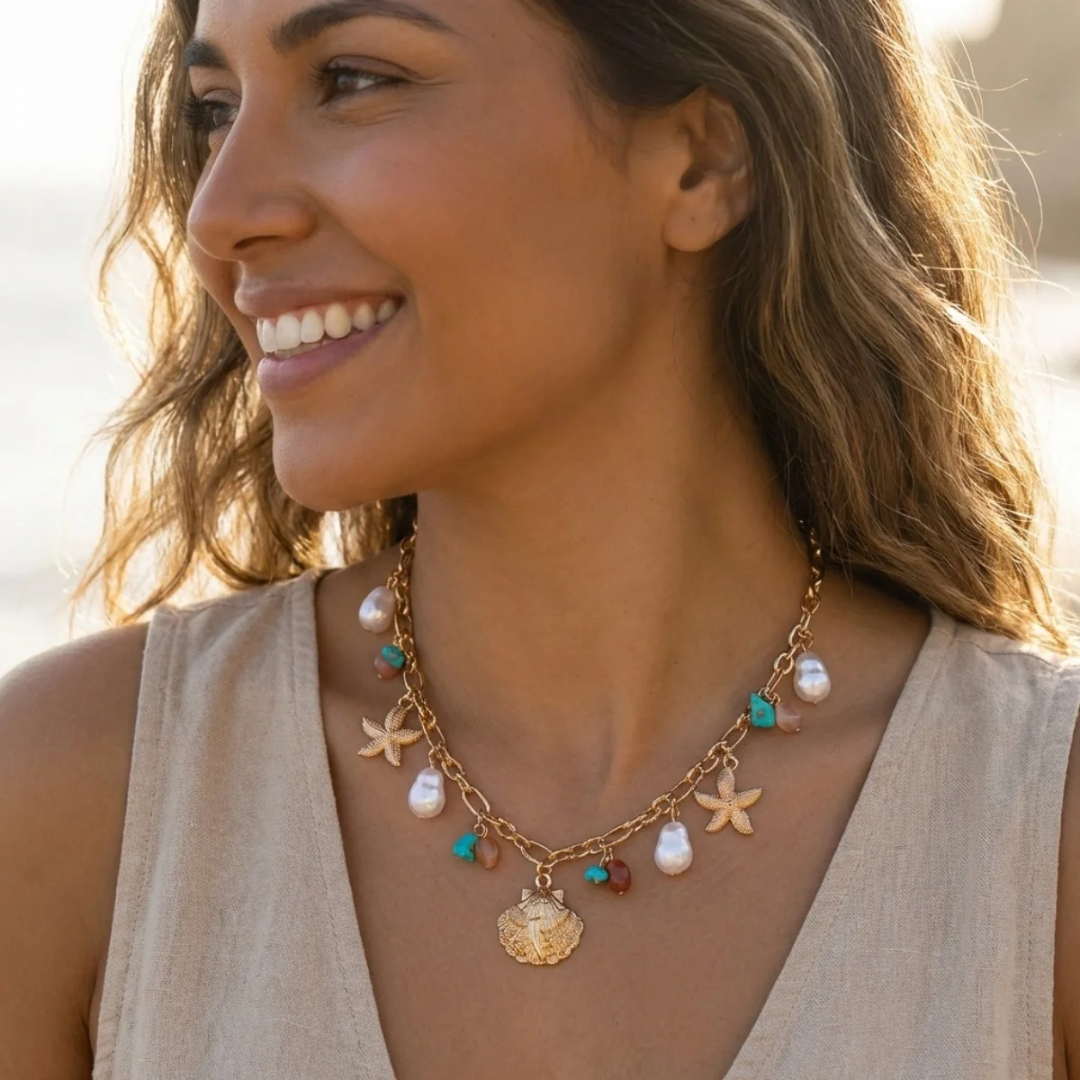 Sommerliche Muschel-Seestern-Imitationsperlen-Quasten-Anhänger-Halskette für Damen und Herren – Seepferdchen, Fisch, Muschel, Schildkröte, Delfin Choker-Schmuck – Detail 6