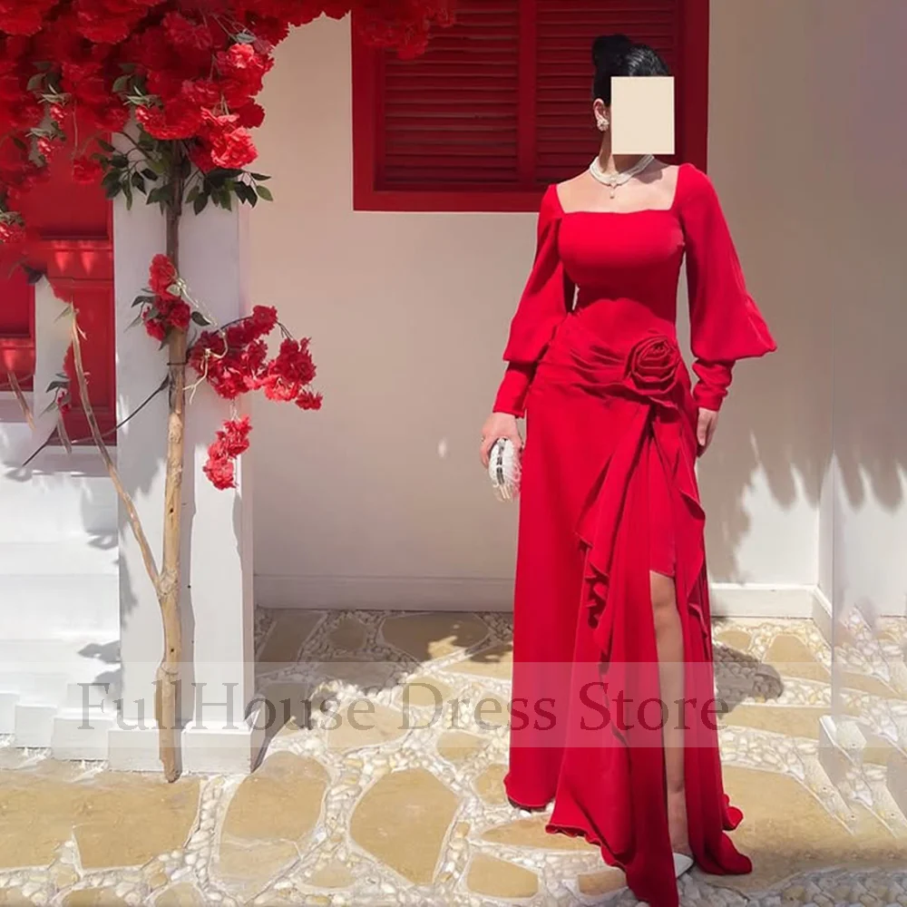 Ocasión a medida Vestido de noche de manga larga abombada con cuello cuadrado rojo Vestido saudí hasta el suelo sin espalda con flores hechas a mano