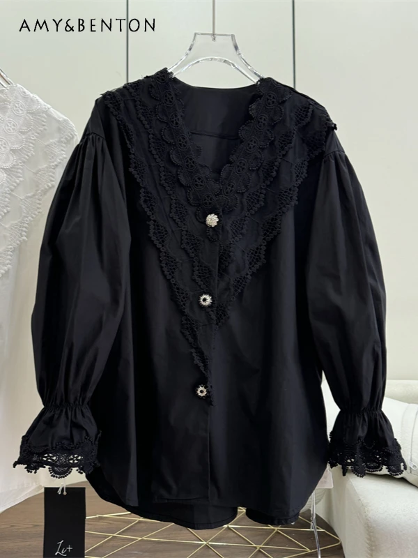 

Commuter Style Fashion V-neck Lace Heavy Industry Long Sleeve Cotton Blouse Spring Autumn Versatile Loose Casual Shirt Women