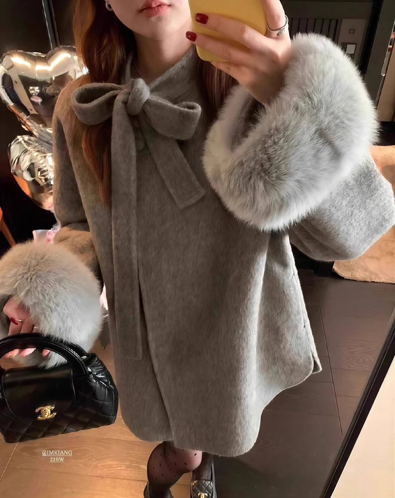 

Шерстяные пальто, женское шерстяное пальто с подкладкой, зимнее ангорское пальто с узором «гусиные лапки», контрастные рукава с воздушным шаром на пуговицах, регулируемая боковая застежка